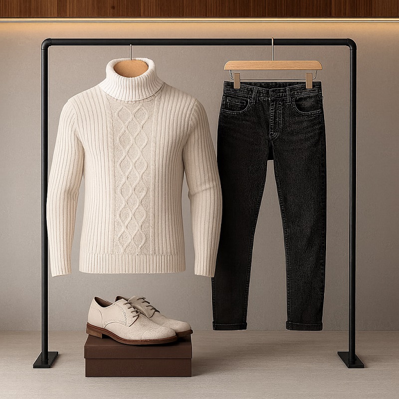 پلیوربافت مردانه سفید یقه اسکی مدل Hakan